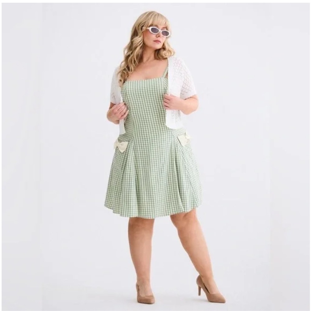 NWT Torrid sz 14 Retro Chic Green Checkered Dress with Bow Accents